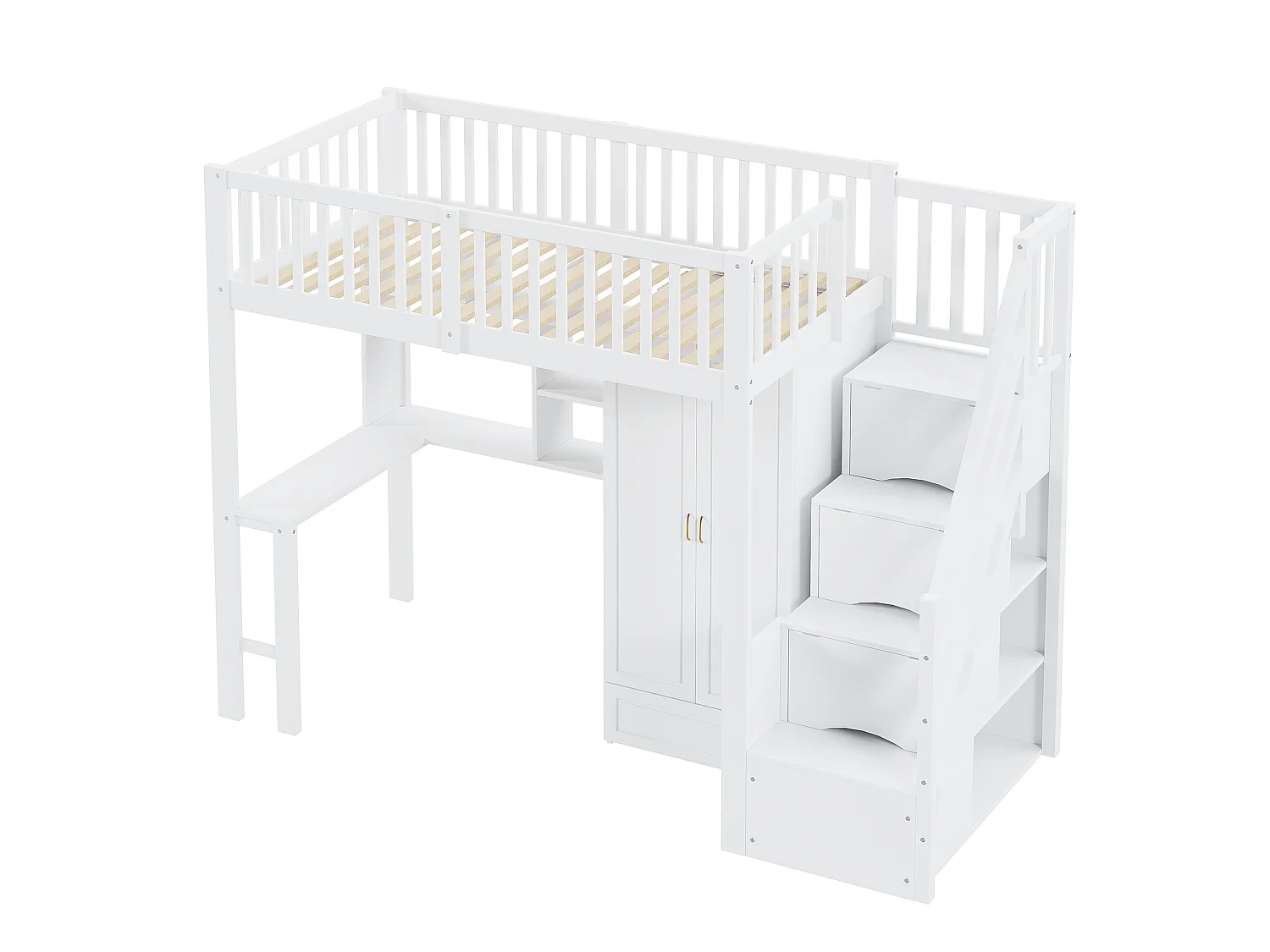 Lit mezzanine 90x200 cm, avec armoire, étagère, bureau et escalier de rangement, cadre de lit en bois, blanc
