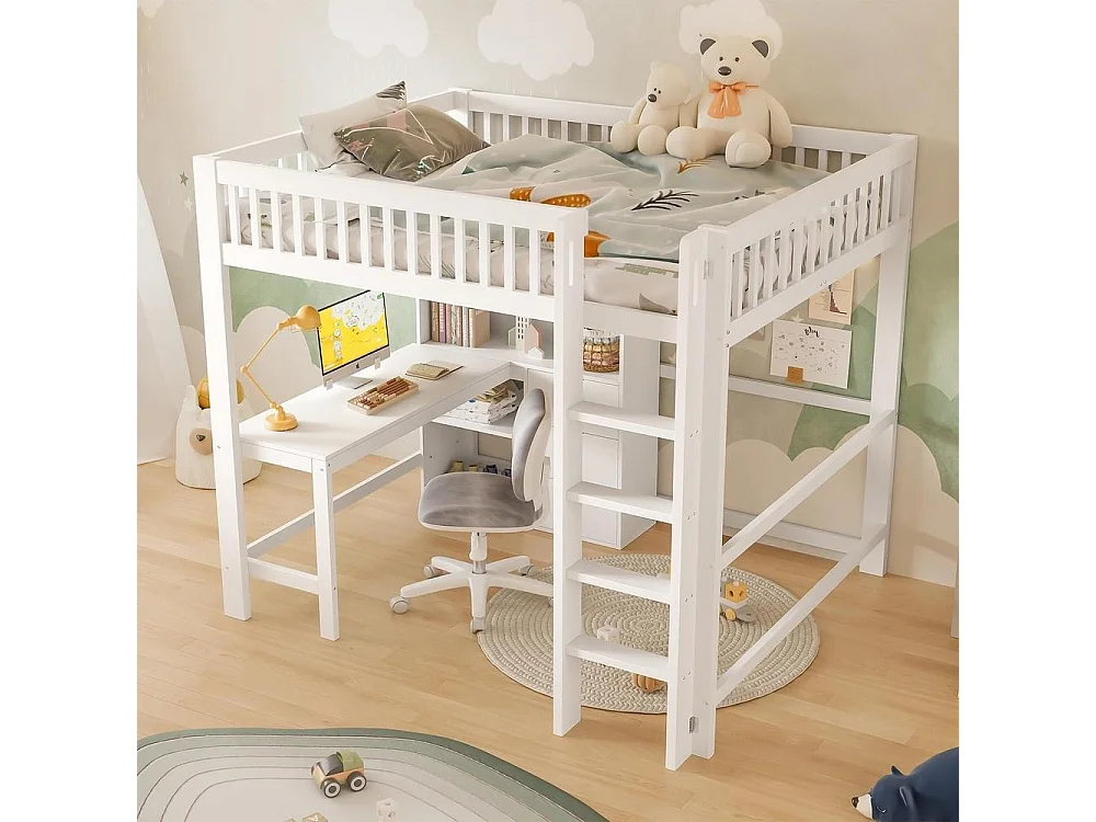 Lit mezzanine pour enfant 140x200 cm solide, avec bureau, étagères, échelle, 3 tiroirs et cadre en pin et MDF, blanc