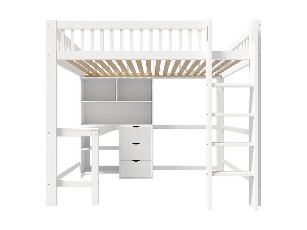 Lit mezzanine pour enfant 140x200 cm solide, avec bureau, étagères, échelle, 3 tiroirs et cadre en pin et MDF, blanc