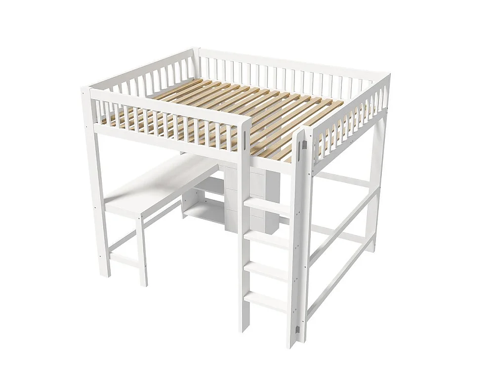 Lit mezzanine pour enfant 140x200 cm solide, avec bureau, étagères, échelle, 3 tiroirs et cadre en pin et MDF, blanc