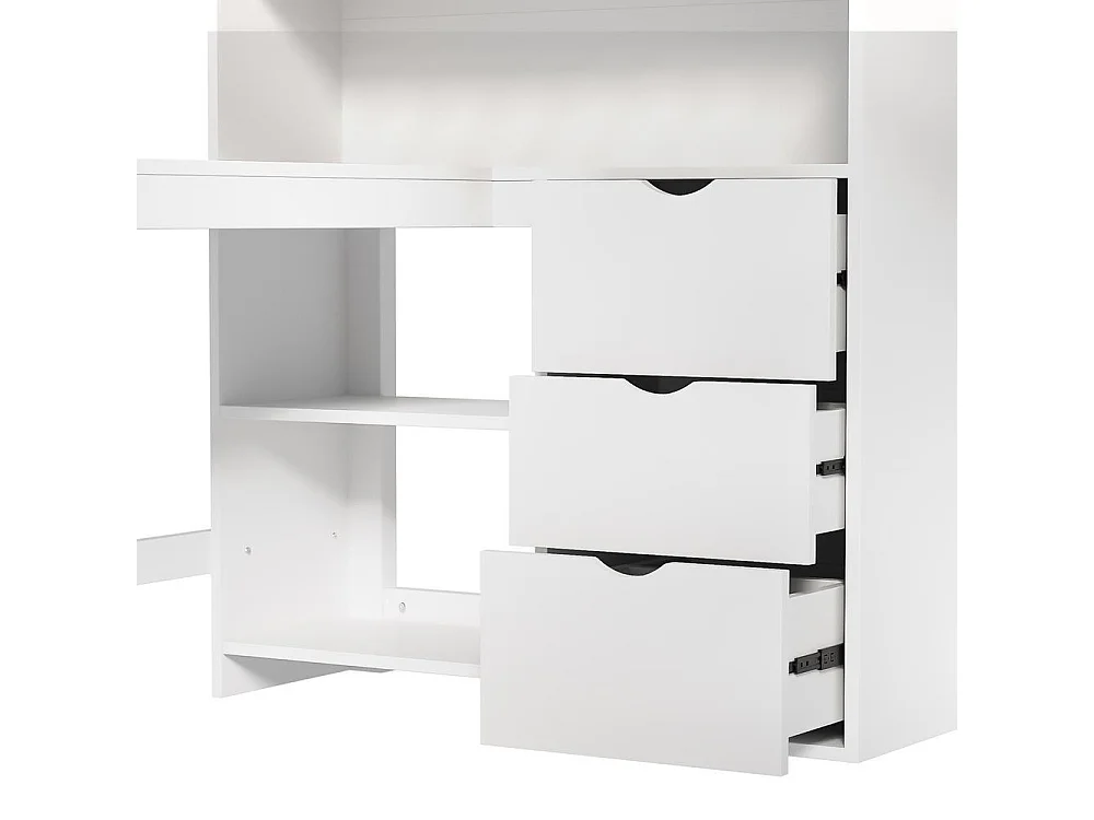 Lit mezzanine pour enfant 140x200 cm solide, avec bureau, étagères, échelle, 3 tiroirs et cadre en pin et MDF, blanc