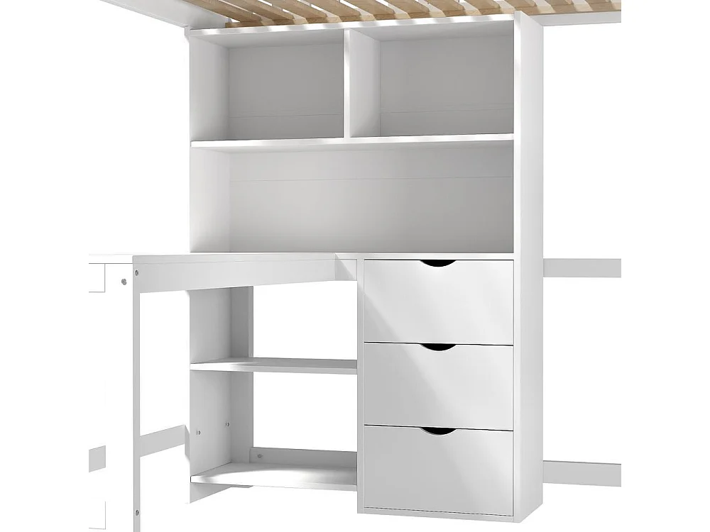 Lit mezzanine pour enfant 140x200 cm solide, avec bureau, étagères, échelle, 3 tiroirs et cadre en pin et MDF, blanc