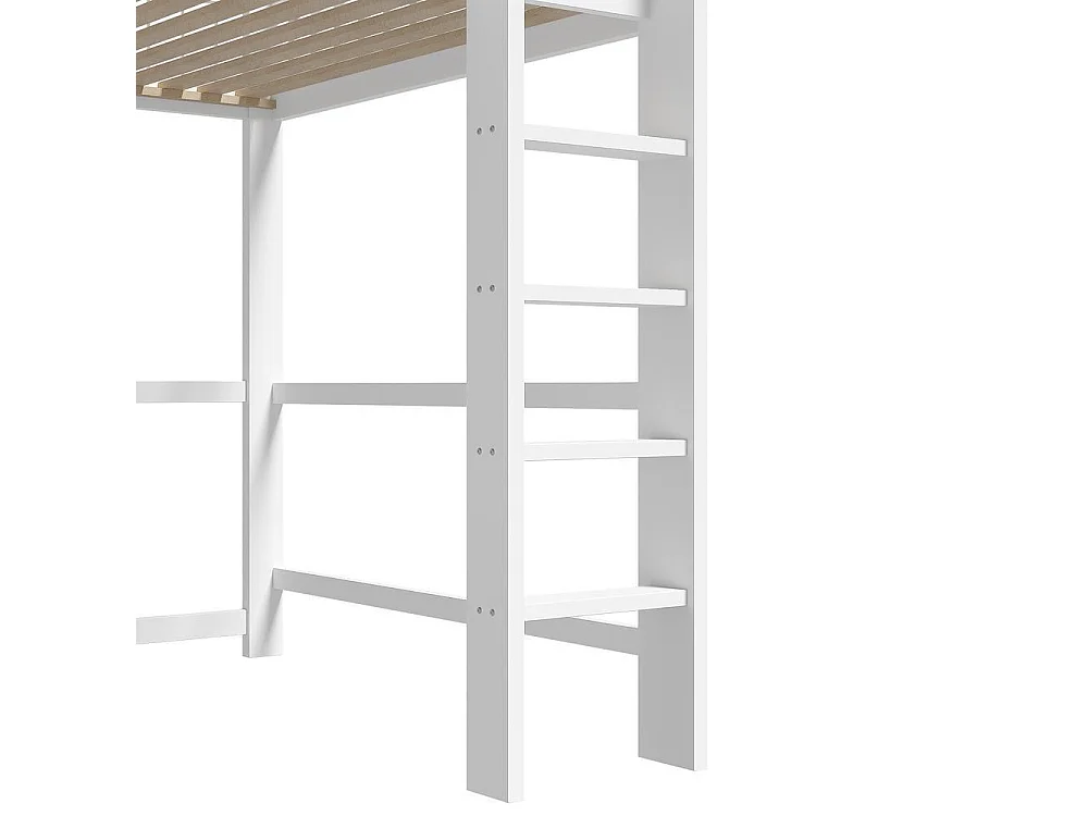 Lit mezzanine pour enfant 140x200 cm solide, avec bureau, étagères, échelle, 3 tiroirs et cadre en pin et MDF, blanc