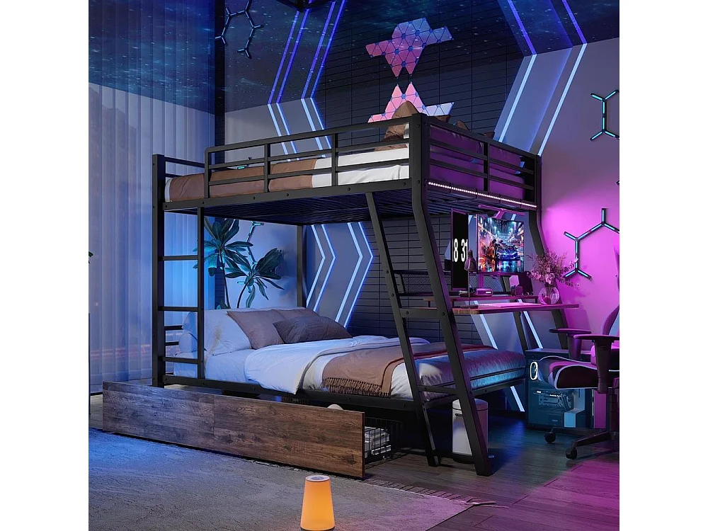 Lit mezzanine 140x200 cm en métal avec bureau intégré, LED réglable, 2 tiroirs, escalier sécurisé, garde-corps renforcé, noir