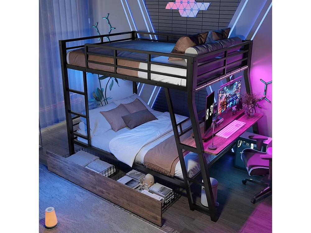 Lit mezzanine 140x200 cm en métal avec bureau intégré, LED réglable, 2 tiroirs, escalier sécurisé, garde-corps renforcé, noir