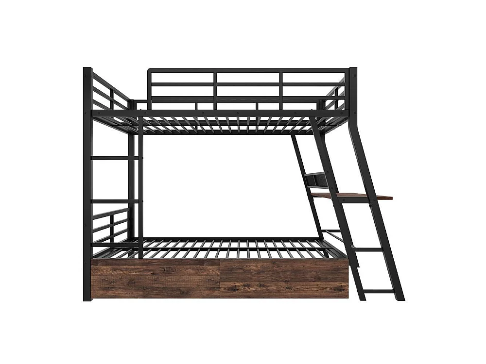 Lit mezzanine 140x200 cm en métal avec bureau intégré, LED réglable, 2 tiroirs, escalier sécurisé, garde-corps renforcé, noir