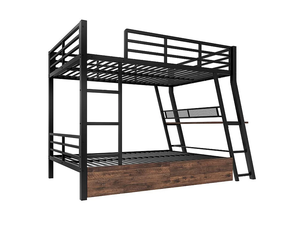 Lit mezzanine 140x200 cm en métal avec bureau intégré, LED réglable, 2 tiroirs, escalier sécurisé, garde-corps renforcé, noir