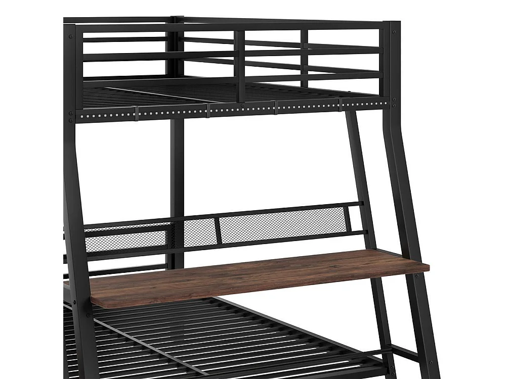 Lit mezzanine 140x200 cm en métal avec bureau intégré, LED réglable, 2 tiroirs, escalier sécurisé, garde-corps renforcé, noir