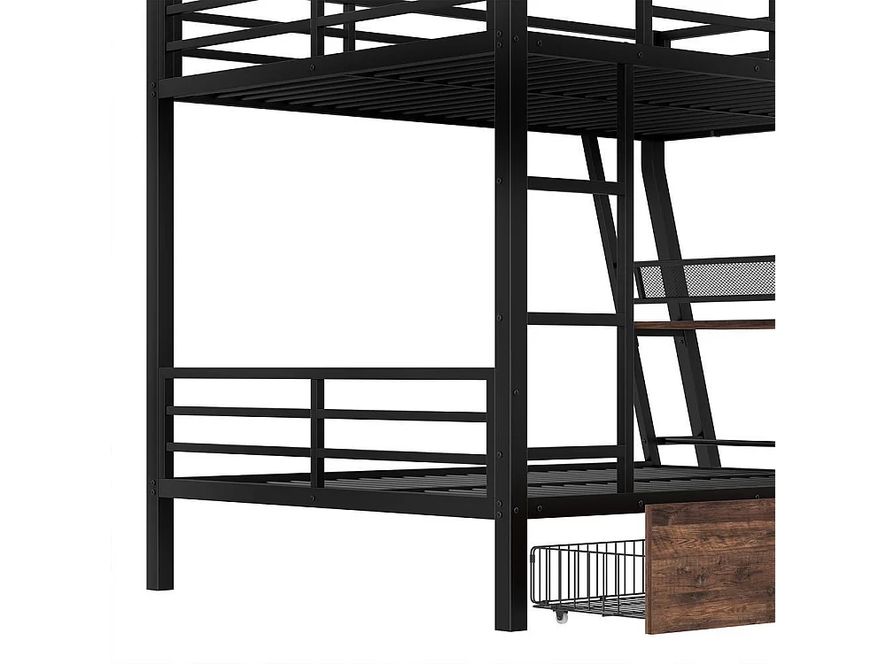 Lit mezzanine 140x200 cm en métal avec bureau intégré, LED réglable, 2 tiroirs, escalier sécurisé, garde-corps renforcé, noir