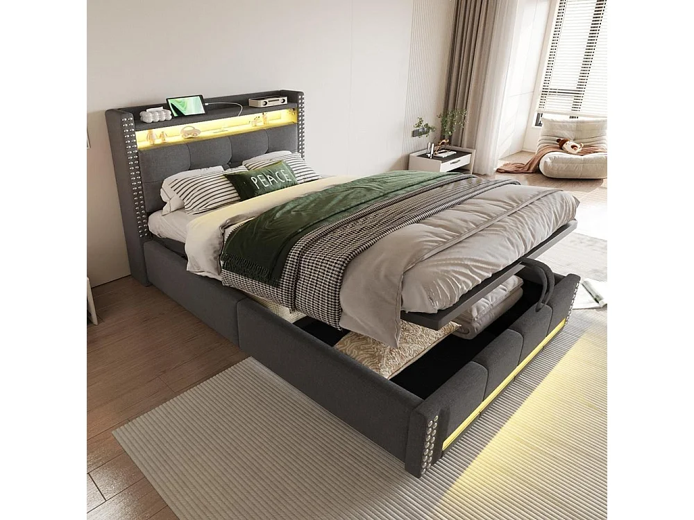 Lit tapissé enfant 90x200 cm, LED, USB, rangements, hydraulique, lin, sommier lattes, confortable et robuste, gris
