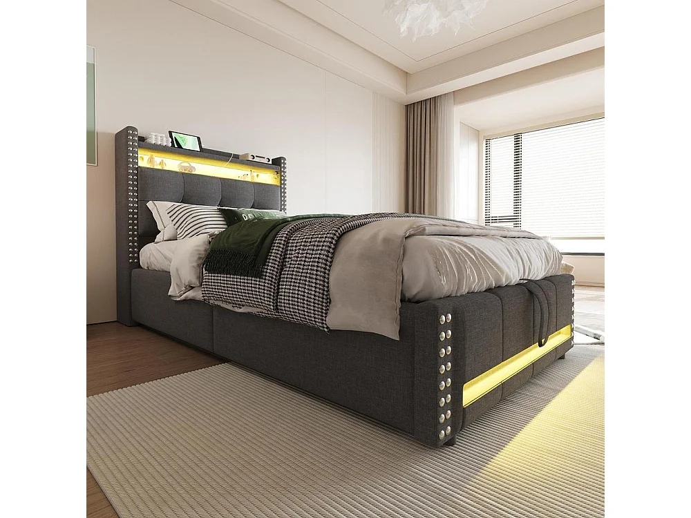 Lit tapissé enfant 90x200 cm, LED, USB, rangements, hydraulique, lin, sommier lattes, confortable et robuste, gris