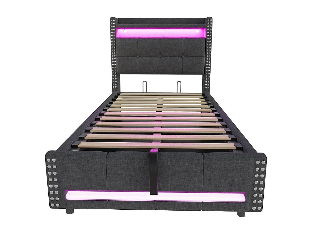 Lit tapissé enfant 90x200 cm, LED, USB, rangements, hydraulique, lin, sommier lattes, confortable et robuste, gris