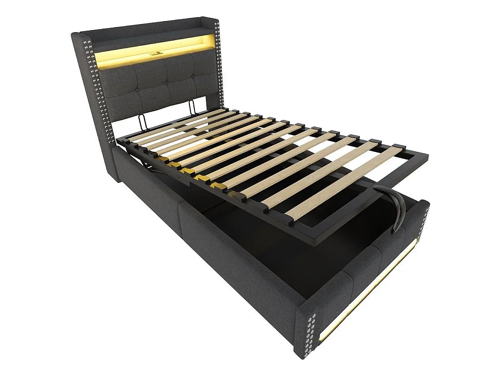 Lit tapissé enfant 90x200 cm, LED, USB, rangements, hydraulique, lin, sommier lattes, confortable et robuste, gris