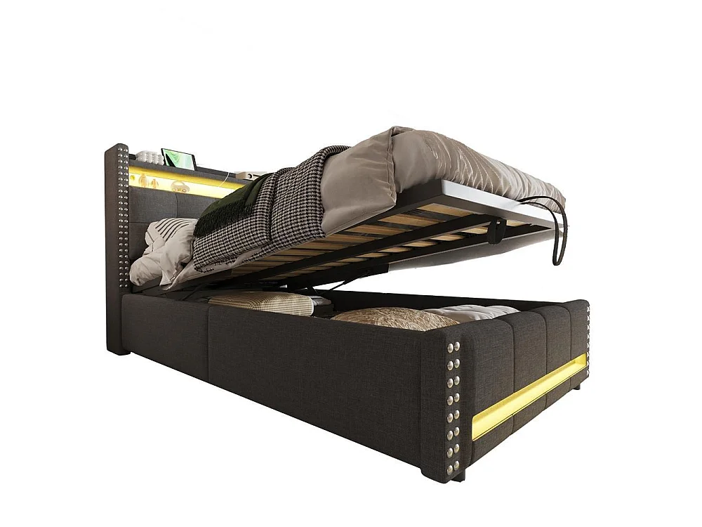 Lit tapissé enfant 90x200 cm, LED, USB, rangements, hydraulique, lin, sommier lattes, confortable et robuste, gris