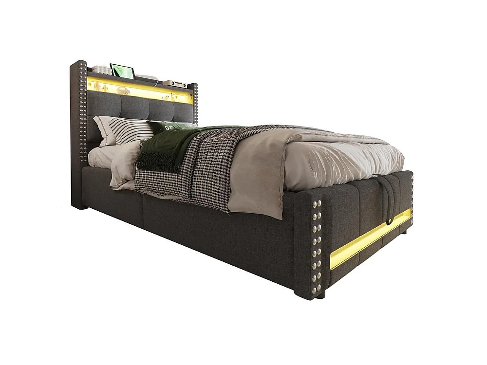 Lit tapissé enfant 90x200 cm, LED, USB, rangements, hydraulique, lin, sommier lattes, confortable et robuste, gris
