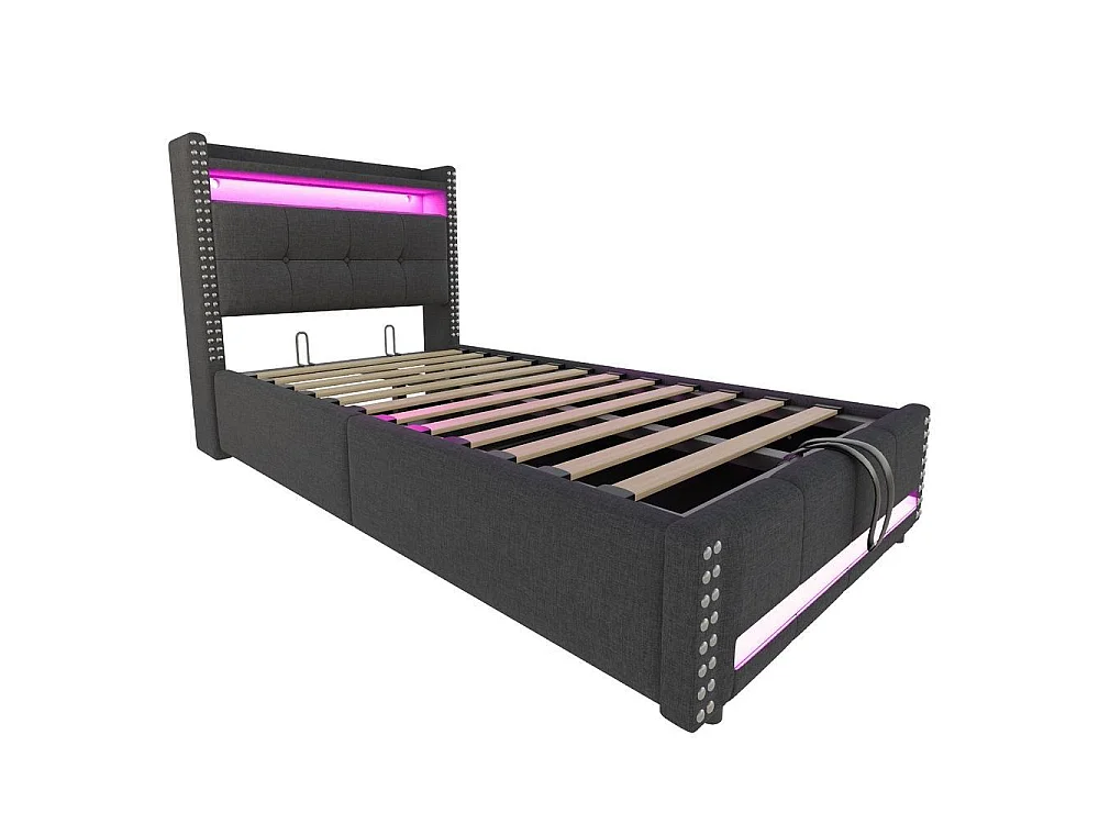 Lit tapissé enfant 90x200 cm, LED, USB, rangements, hydraulique, lin, sommier lattes, confortable et robuste, gris