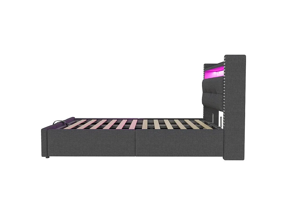 Lit tapissé enfant 90x200 cm, LED, USB, rangements, hydraulique, lin, sommier lattes, confortable et robuste, gris