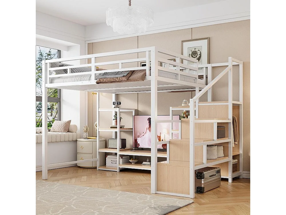 Lit mezzanine 140x200 cm, support TV, prise, échelle sécurisée avec rangement, bois et métal, design moderne, blanc