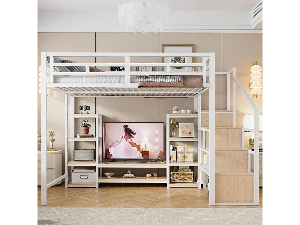 Lit mezzanine 140x200 cm, support TV, prise, échelle sécurisée avec rangement, bois et métal, design moderne, blanc