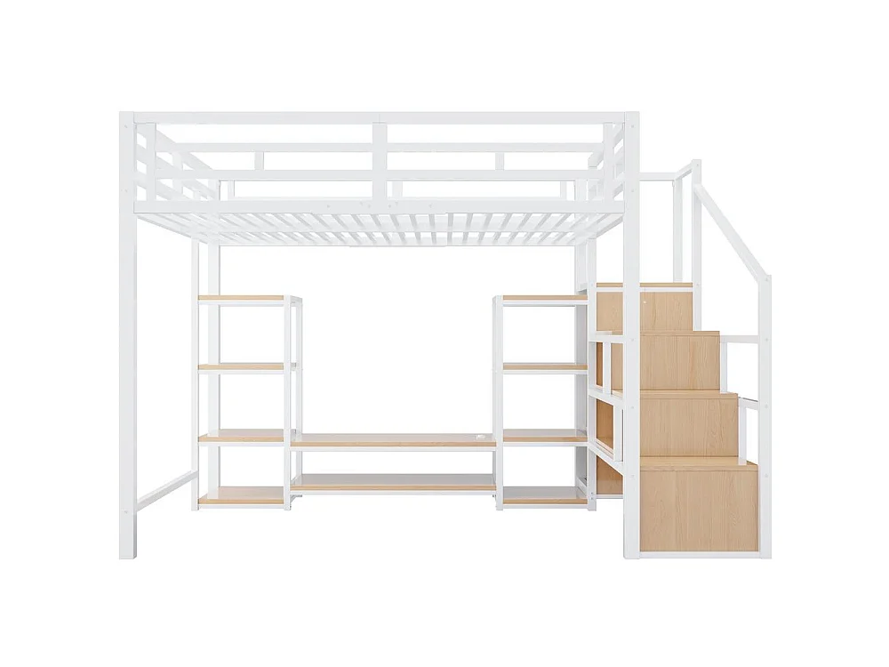 Lit mezzanine 140x200 cm, support TV, prise, échelle sécurisée avec rangement, bois et métal, design moderne, blanc