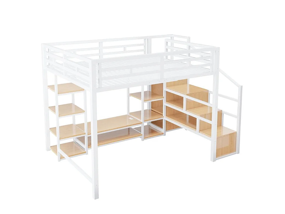 Lit mezzanine 140x200 cm, support TV, prise, échelle sécurisée avec rangement, bois et métal, design moderne, blanc