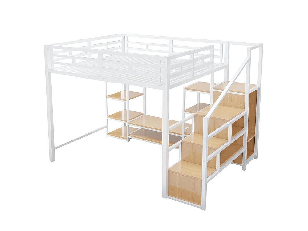 Lit mezzanine 140x200 cm, support TV, prise, échelle sécurisée avec rangement, bois et métal, design moderne, blanc