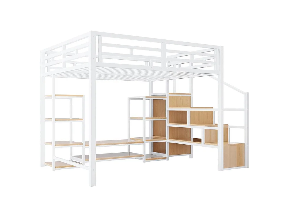 Lit mezzanine 140x200 cm, support TV, prise, échelle sécurisée avec rangement, bois et métal, design moderne, blanc