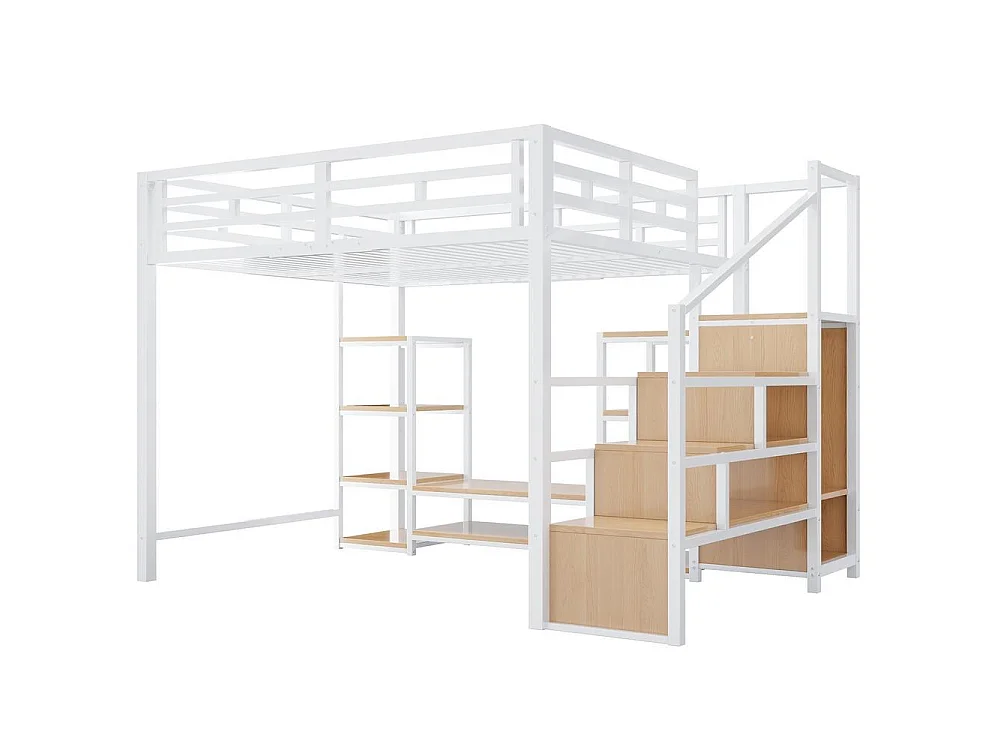 Lit mezzanine 140x200 cm, support TV, prise, échelle sécurisée avec rangement, bois et métal, design moderne, blanc