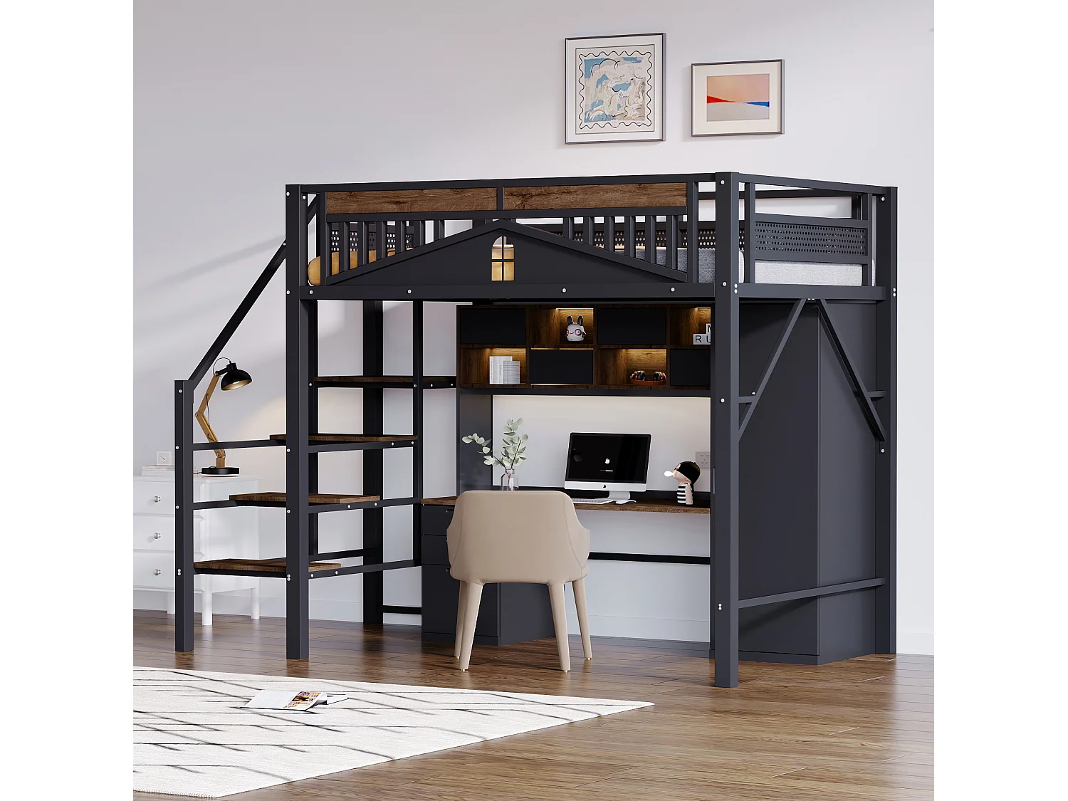 Lit Mezzanine 140x200 cm, Design Unique avec Fenêtre, Échelle de Sécurité, Rangement Sous le Lit, Métal Noir, Sans Matelas