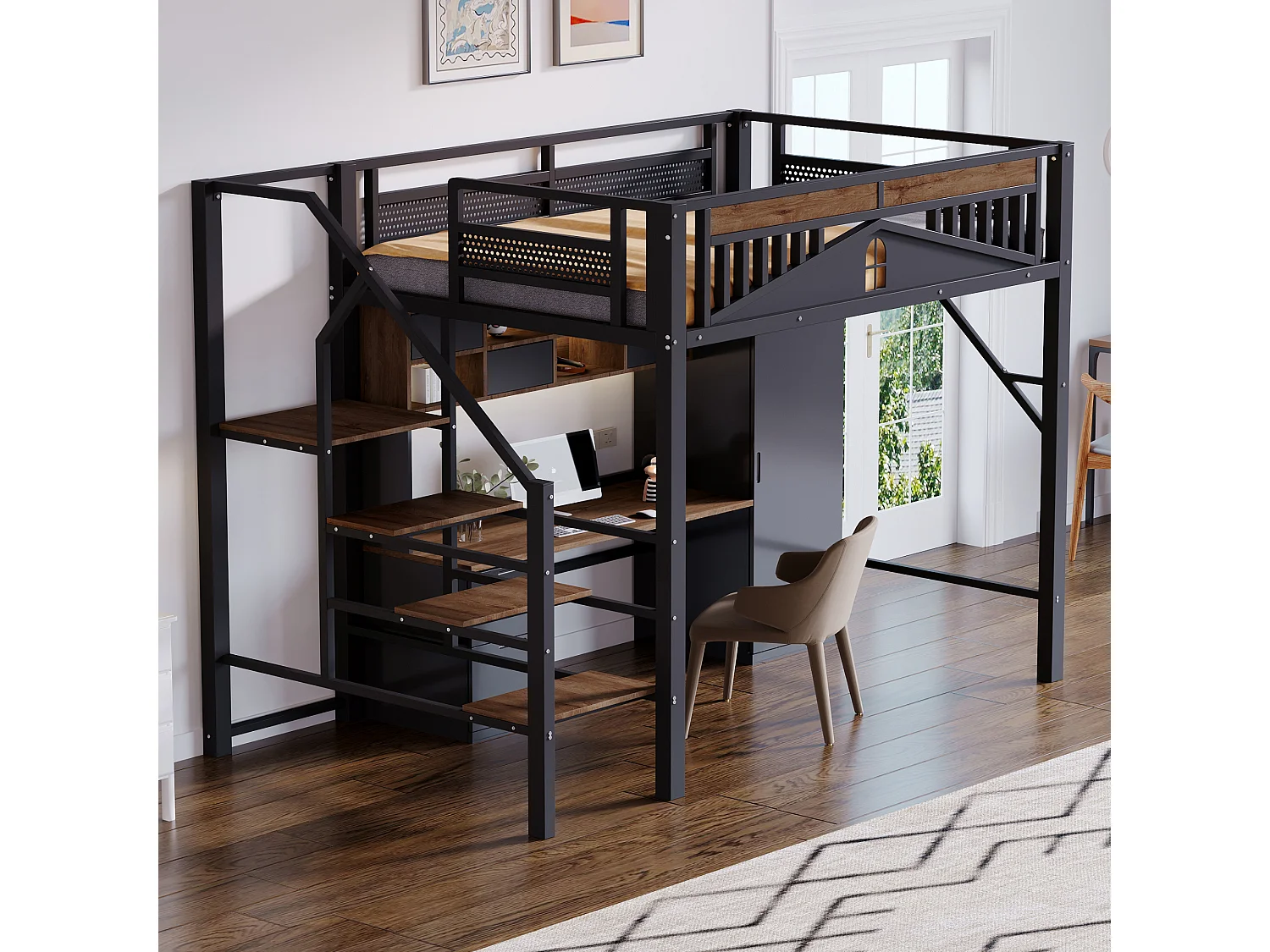 Lit Mezzanine 140x200 cm, Design Unique avec Fenêtre, Échelle de Sécurité, Rangement Sous le Lit, Métal Noir, Sans Matelas