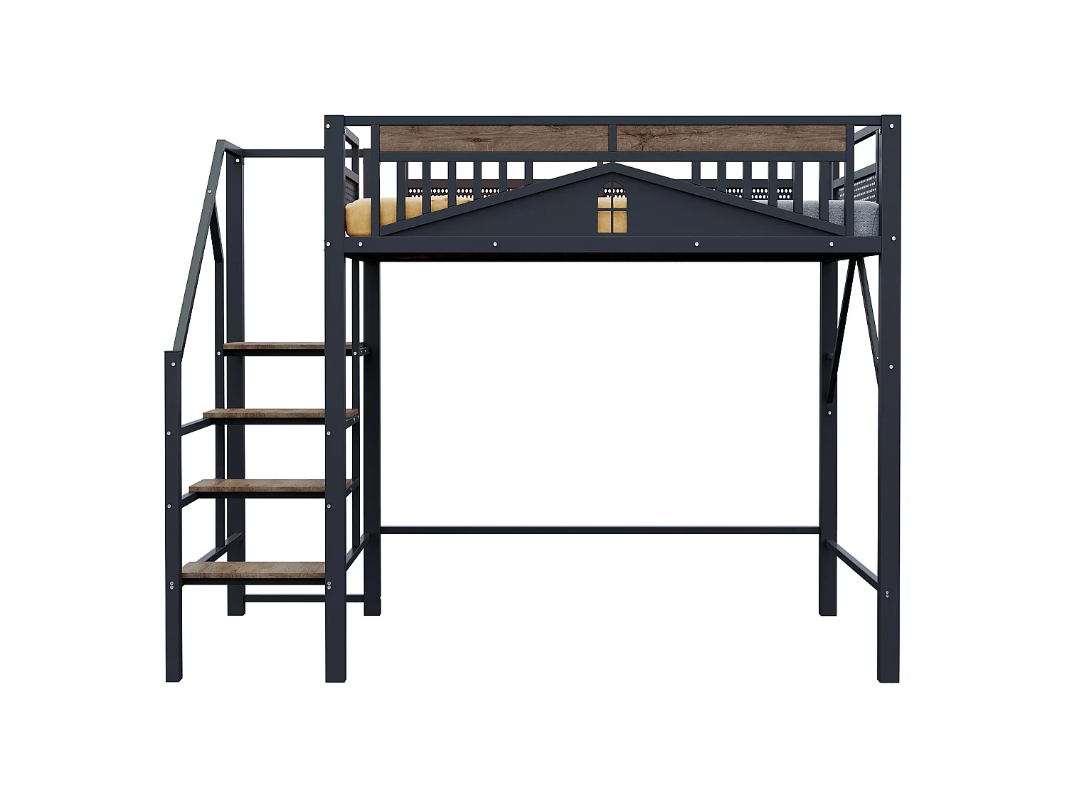 Lit Mezzanine 140x200 cm, Design Unique avec Fenêtre, Échelle de Sécurité, Rangement Sous le Lit, Métal Noir, Sans Matelas