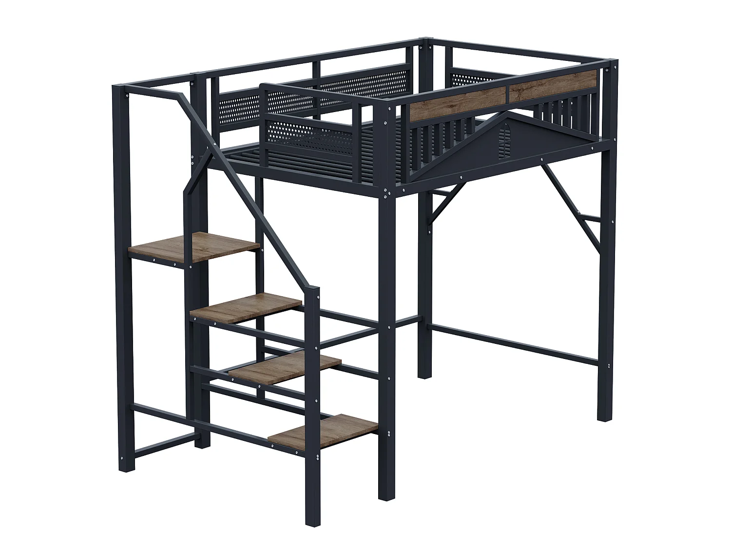 Lit Mezzanine 140x200 cm, Design Unique avec Fenêtre, Échelle de Sécurité, Rangement Sous le Lit, Métal Noir, Sans Matelas
