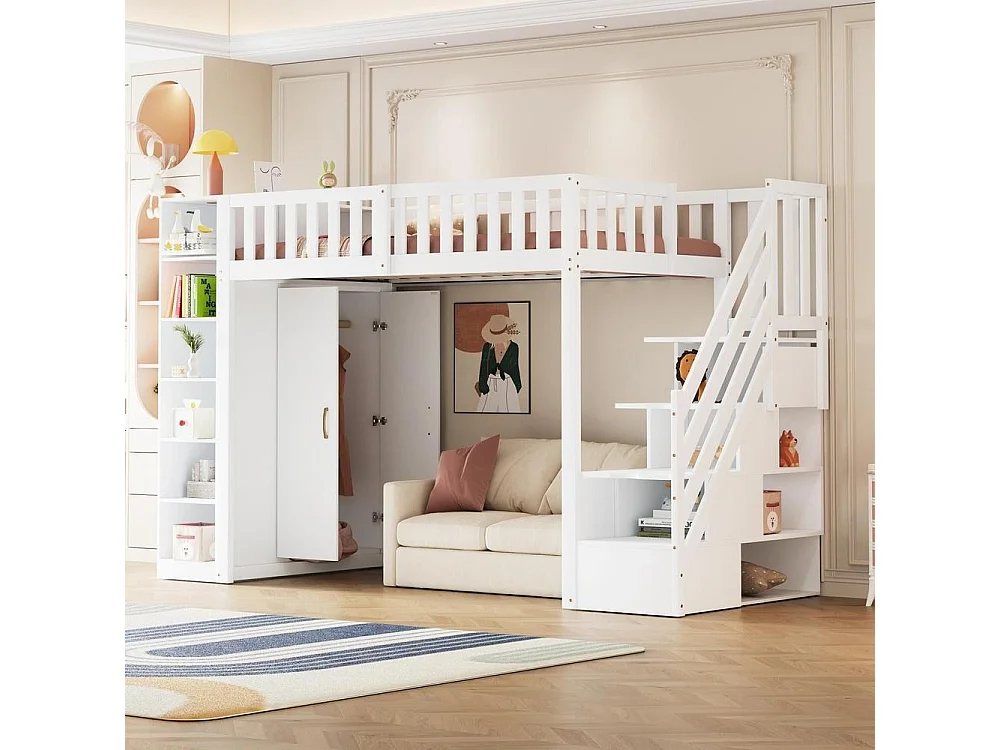 Lit mezzanine 90x200 cm et bois avec armoire, étagères, tiroirs, échelle sécurisée, rangement, multifonction, blanc