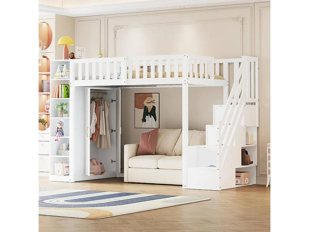 Lit mezzanine 90x200 cm et bois avec armoire, étagères, tiroirs, échelle sécurisée, rangement, multifonction, blanc