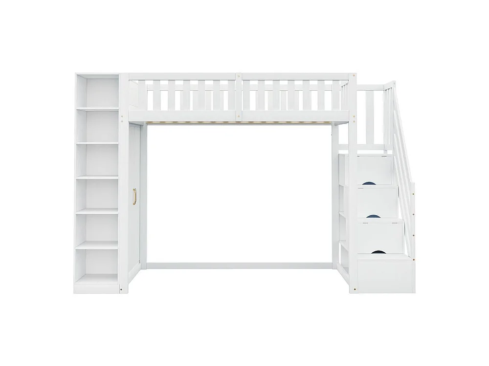 Lit mezzanine 90x200 cm et bois avec armoire, étagères, tiroirs, échelle sécurisée, rangement, multifonction, blanc
