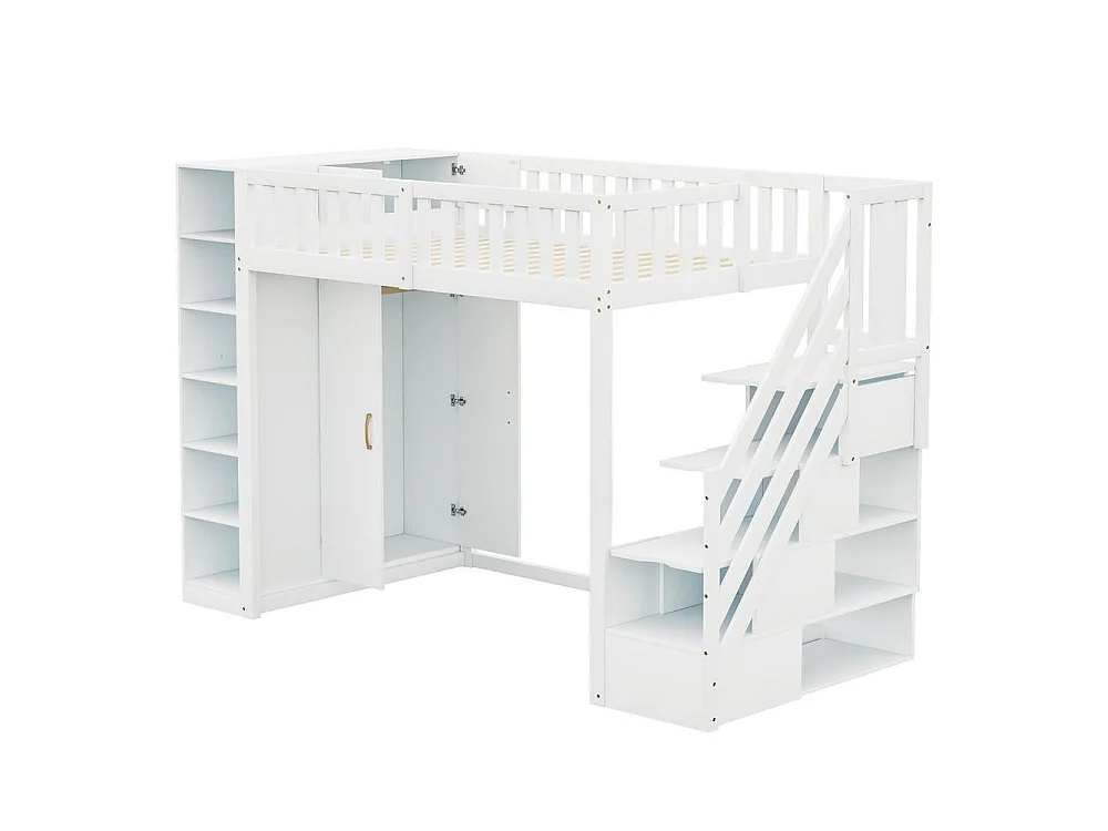 Lit mezzanine 90x200 cm et bois avec armoire, étagères, tiroirs, échelle sécurisée, rangement, multifonction, blanc
