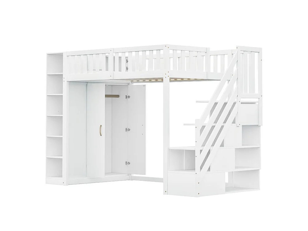 Lit mezzanine 90x200 cm et bois avec armoire, étagères, tiroirs, échelle sécurisée, rangement, multifonction, blanc
