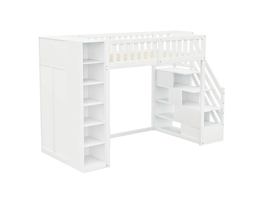 Lit mezzanine 90x200 cm et bois avec armoire, étagères, tiroirs, échelle sécurisée, rangement, multifonction, blanc