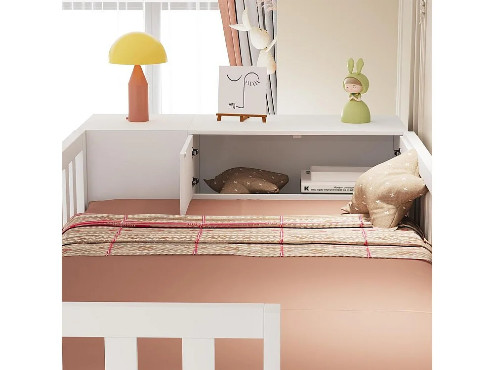 Lit mezzanine 90x200 cm et bois avec armoire, étagères, tiroirs, échelle sécurisée, rangement, multifonction, blanc