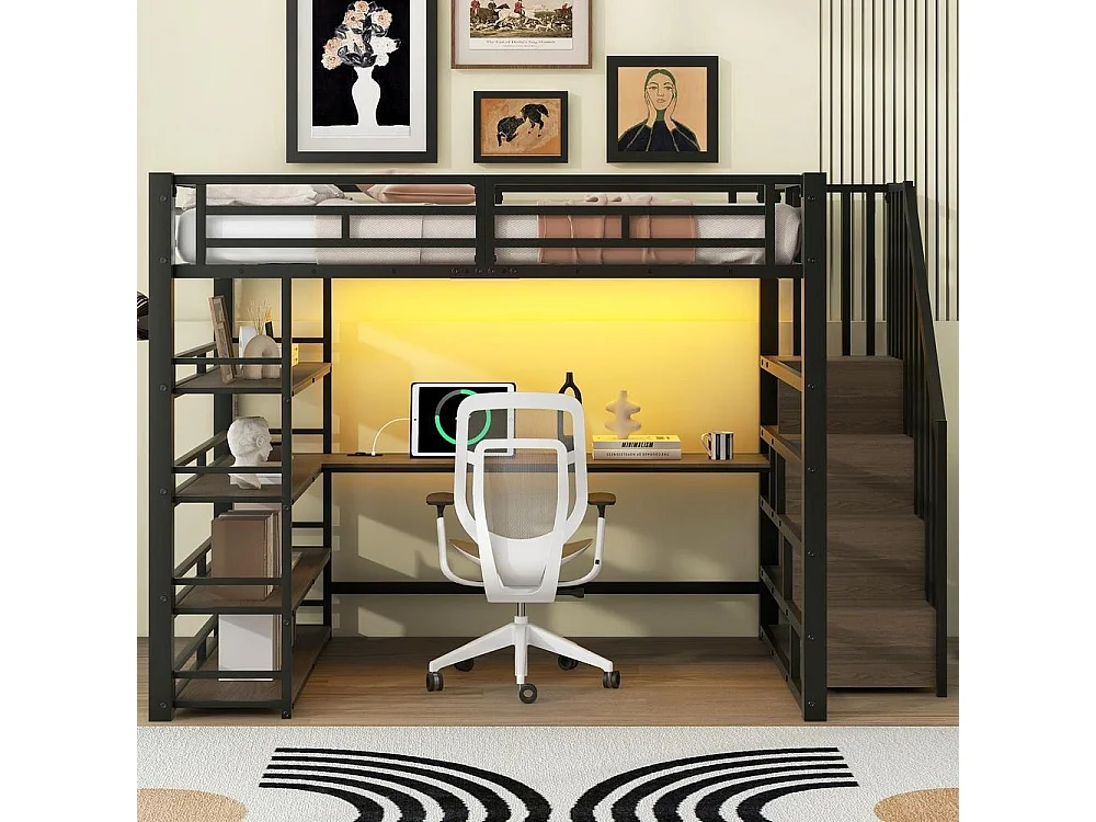 Lit mezzanine 140x200 cm métal avec escalier rangement, bureau intégré, étagères, LED couleur et USB, noir