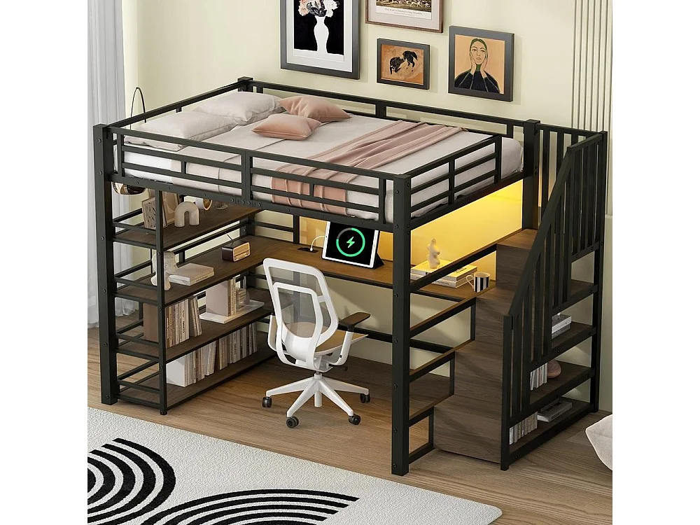 Lit mezzanine 140x200 cm métal avec escalier rangement, bureau intégré, étagères, LED couleur et USB, noir