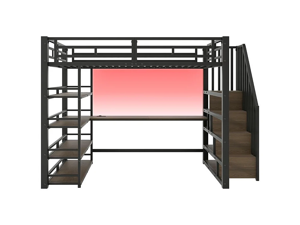 Lit mezzanine 140x200 cm métal avec escalier rangement, bureau intégré, étagères, LED couleur et USB, noir