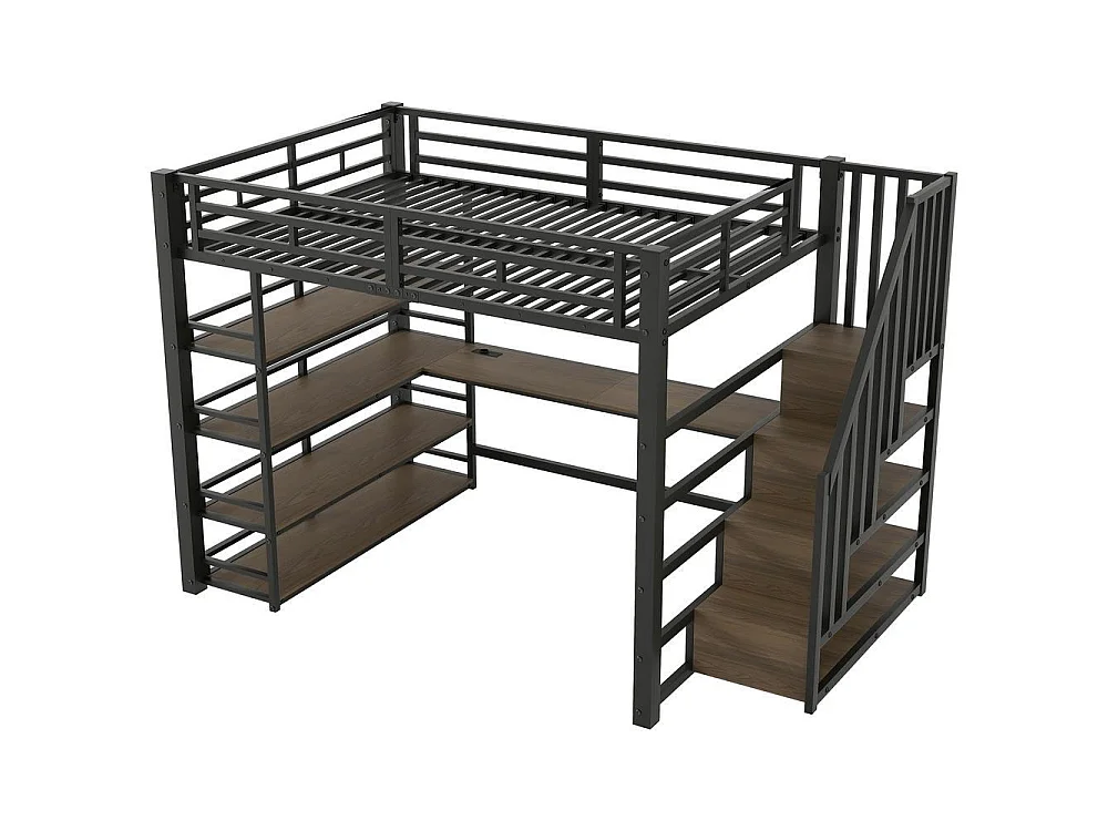 Lit mezzanine 140x200 cm métal avec escalier rangement, bureau intégré, étagères, LED couleur et USB, noir