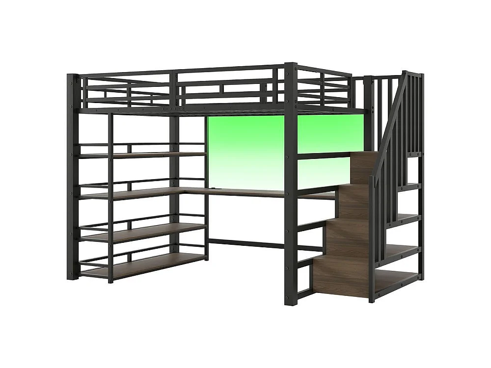 Lit mezzanine 140x200 cm métal avec escalier rangement, bureau intégré, étagères, LED couleur et USB, noir