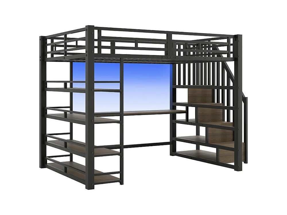 Lit mezzanine 140x200 cm métal avec escalier rangement, bureau intégré, étagères, LED couleur et USB, noir