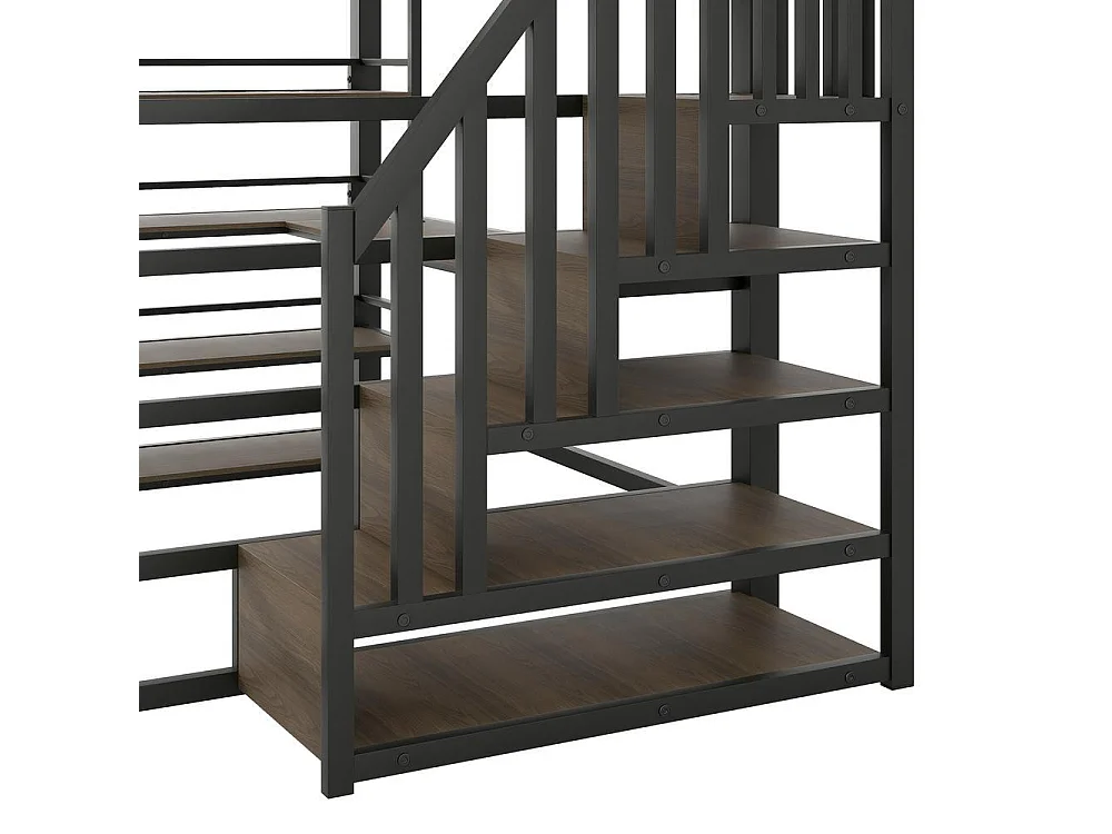 Lit mezzanine 140x200 cm métal avec escalier rangement, bureau intégré, étagères, LED couleur et USB, noir