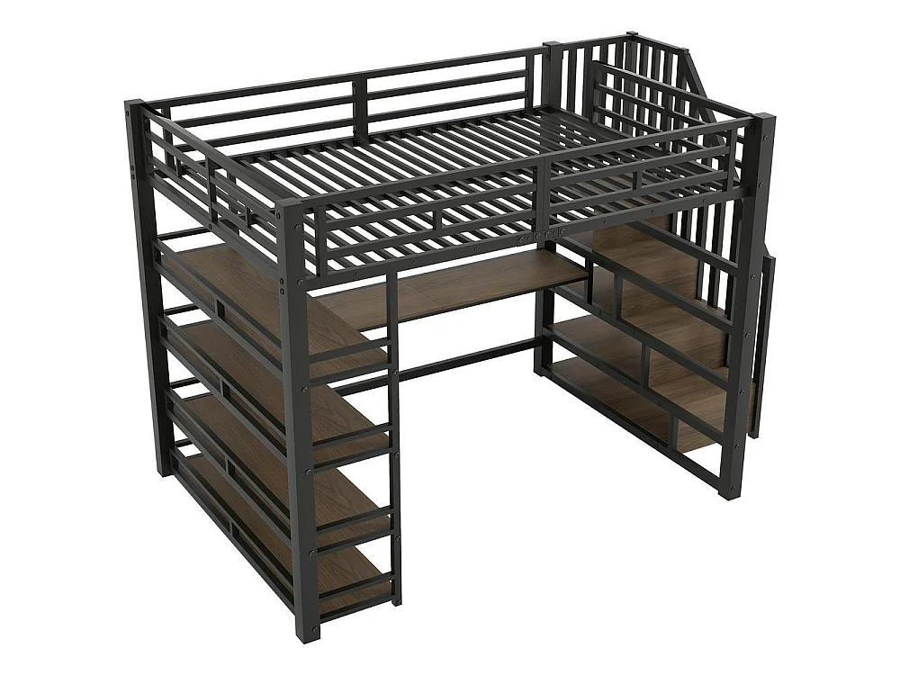 Lit mezzanine 140x200 cm métal avec escalier rangement, bureau intégré, étagères, LED couleur et USB, noir