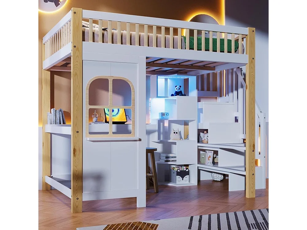 Lit mezzanine 140x200 cm et bois, LED, fenêtre, échelle de rangement, bureau, prise, cadre pin et MDF, blanc naturel