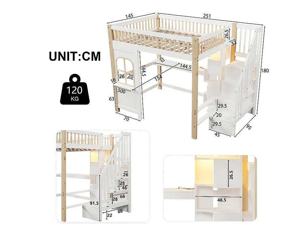 Lit mezzanine 140x200 cm et bois, LED, fenêtre, échelle de rangement, bureau, prise, cadre pin et MDF, blanc naturel