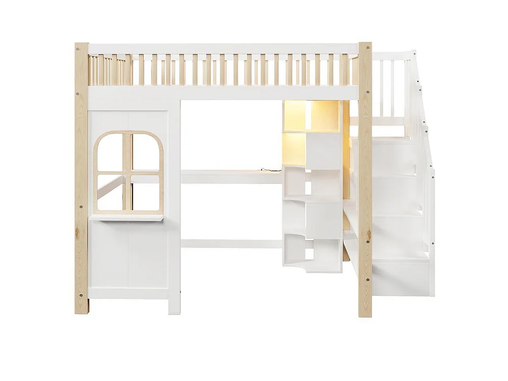 Lit mezzanine 140x200 cm et bois, LED, fenêtre, échelle de rangement, bureau, prise, cadre pin et MDF, blanc naturel